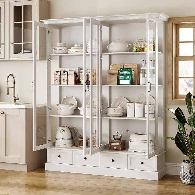 78" Large Storage Cabinet with Glass Doors, China Hutch, Farmhouse Kitchen - Image 5