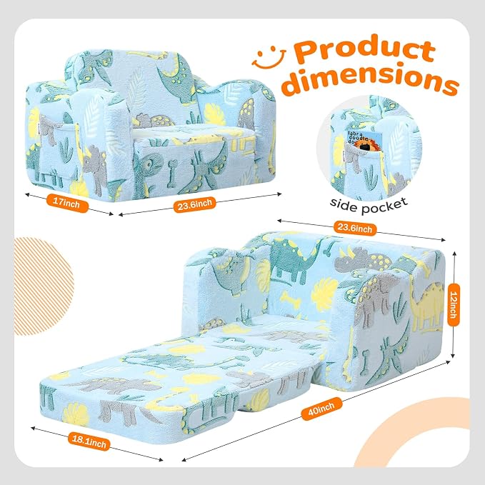 MeMoreCool Glowing Dinosaur Kids Chair, 2-in-1 Convertible Kids Couch Fold Out - Image 2