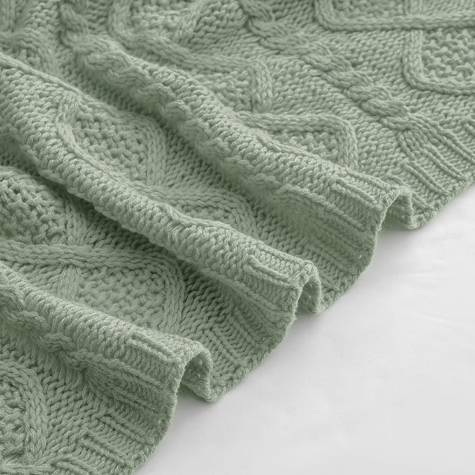 Homiest Cable Knit Throw Blanket and Pillow Set, Sage Green Set of 3, Knitted - Image 7