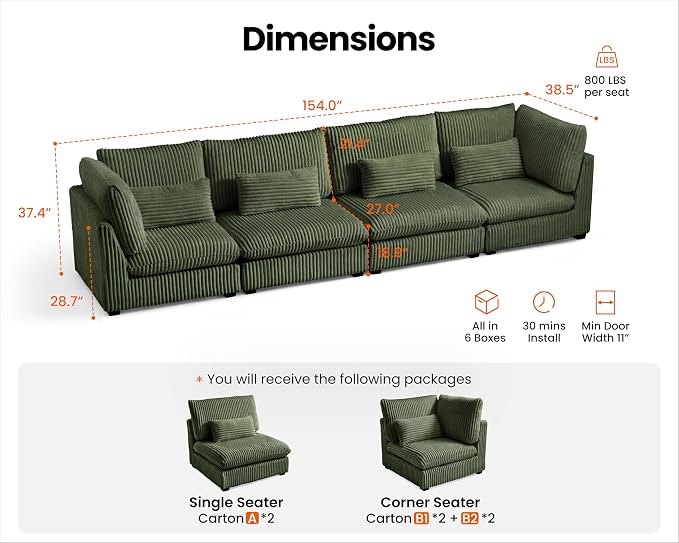 154" Oversized Corduroy Couch Modular Sectional Sofa, Washable Cloud Couch - Image 2