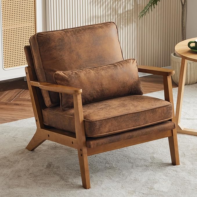 VINGLI Solid Wood Wide Armrests Accent Chair, Upholstered Mid Century Modern - Image 9