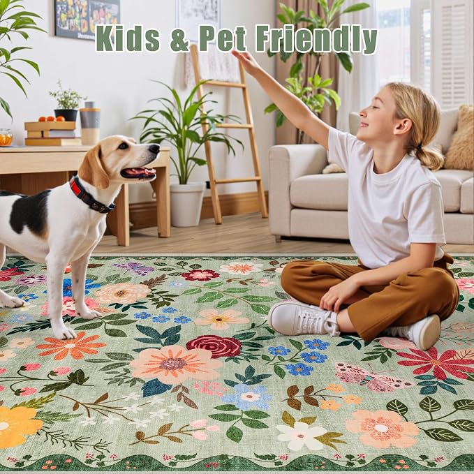 PLHXFR Area Rug Living Room: 5x7 Floral Washable Boho Soft Carpet Green | - Image 7
