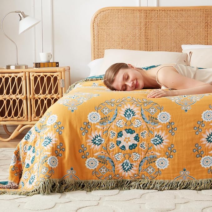 LUTBM Boho Throw Blanket for Bed 100% Cotton Soft Lightweight Quilt Reversible - Image 7