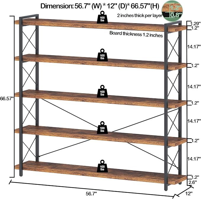 HCHQHS Large Bookshelf, 5-Tier Long Industrial Bookcase, Rustic Brown Book Shelf - Image 3