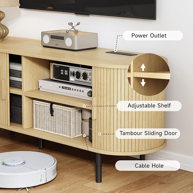 55" TV Stand with Power Outlet, Modern Media Console with Sliding Doors - Image 6
