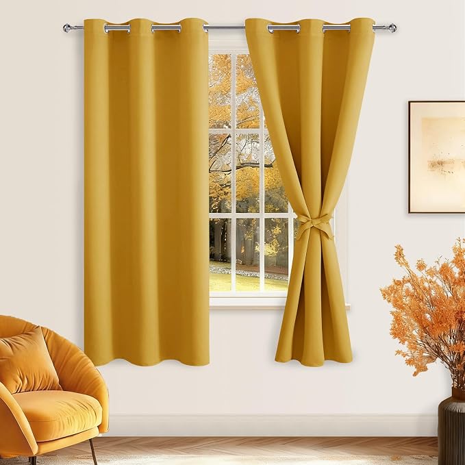 Blackout Curtains for Bedroom, 38 x 63 Inches Length Mustard Yellow | Thermal by Hiasan