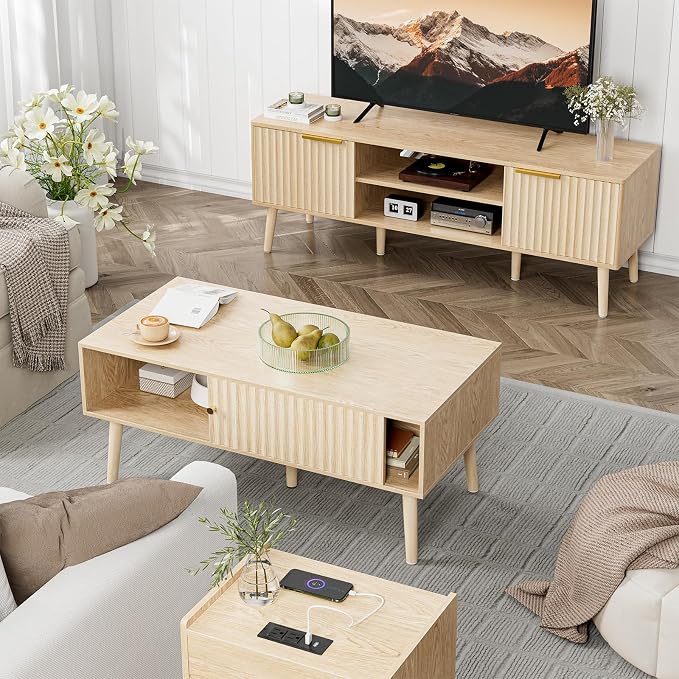 LCRBOL Coffee Table with Storage, Boho Dining Table with Sliding Fluted Door - Image 4