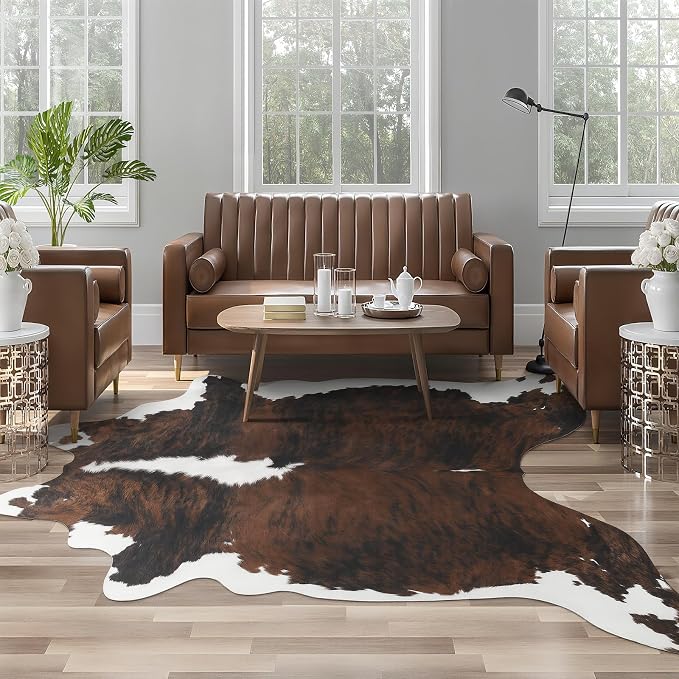 Faux Cowhide Rug, Animal Cow Hide Rug, 4.6 x 5.2 Ft Black and Brown | Premium by AROGANAREARUG