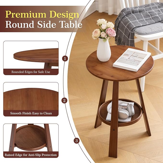 Bamboo Round End Table with Storage Shelf, 2-Tier Mid-Century Modern Accent - Image 4