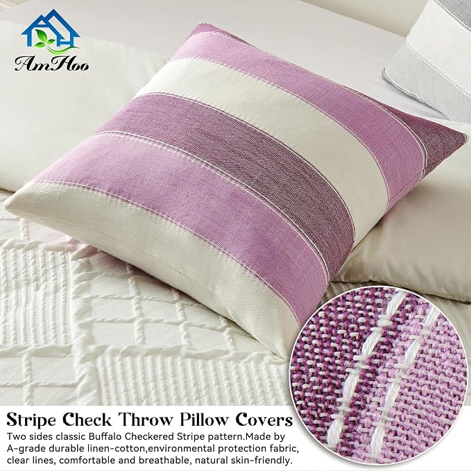 AmHoo Pack of 2 Farmhouse Stripe Check Throw Pillow Covers Set Case Cotton - Image 3