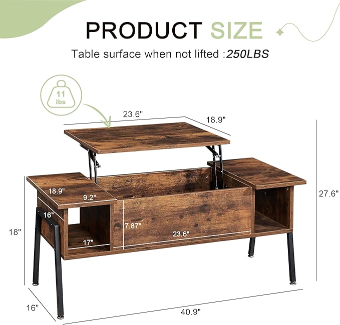 VECELO Wood Lift Top Coffee Table - Image 2