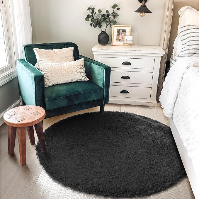 Amdrebio Black Plush Small Round Rug 3Ft - Image 3