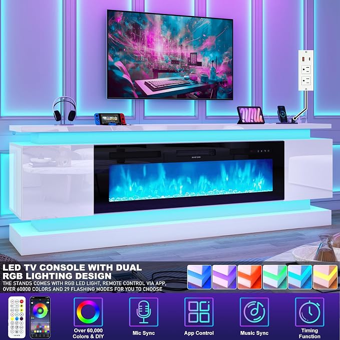 chartustriable 81IN LED TV Stands w/50 inch Fireplace Power Outlet - Image 5