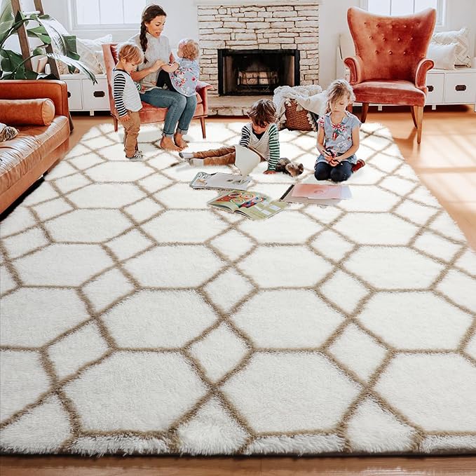 6x9 Area Rugs for Living Room Bedroom, Fluffy White and Beige Geometric Rug | - Image 8