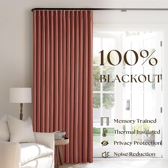 Terracotta Pinch Pleat 100% Blackout Linen Bedroom Curtains 96 Inch Length | - Image 3
