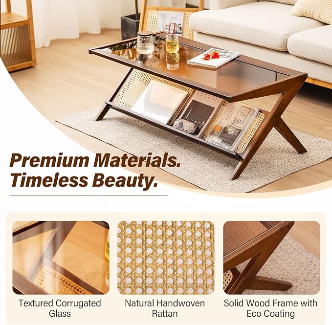 Tiita Rattan Coffee Table, Bamboo Accent Bedside Tables, Glass Nightstand Side - Image 5