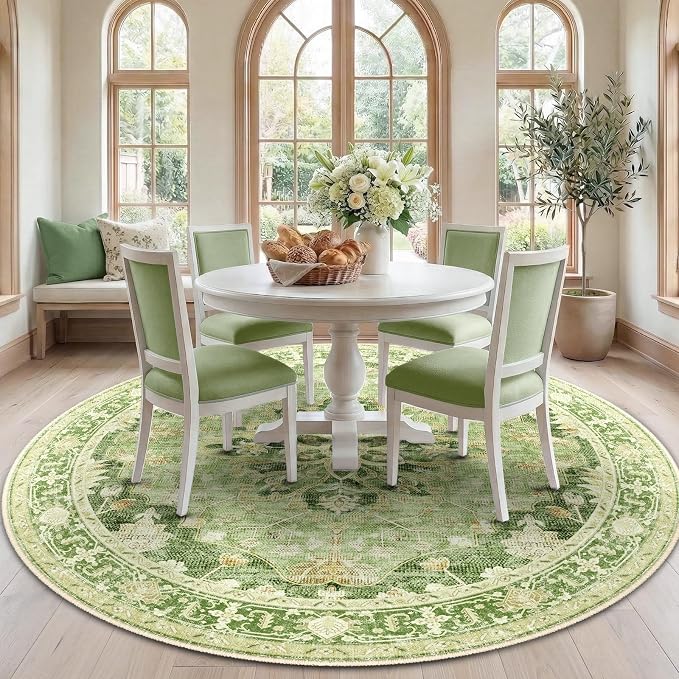 RELEANY Washable Area Rug, Round 7ft, Water Repellent, Pet Friendly, Vintage by RELEANY