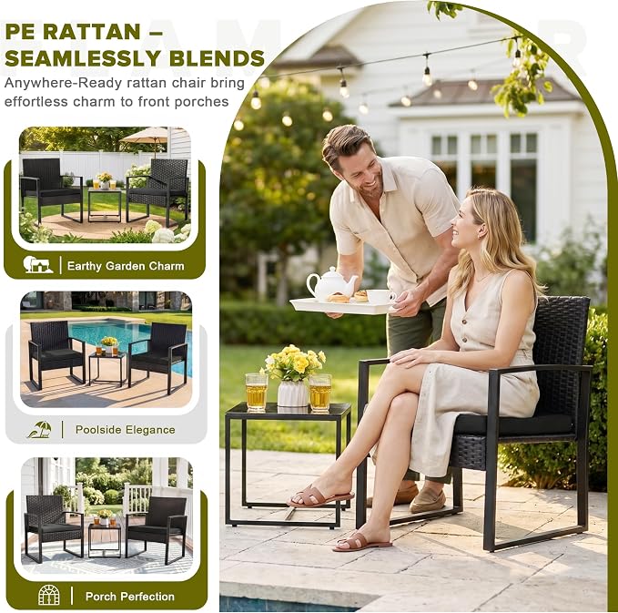 Flamaker 3 Pieces Outdoor Patio Wicker Furniture Set, Modern Rattan Chair - Image 3