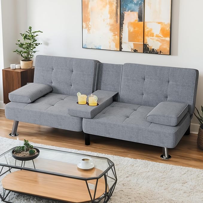 Shahoo Modern Linen Upholstered Convertible Folding Futon Sofa Bed by BuynowfromShahoo