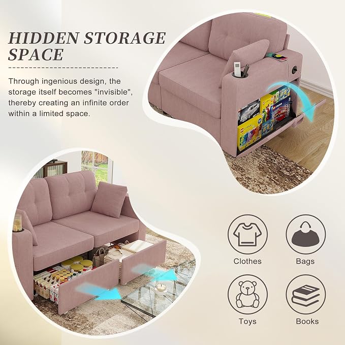67" Small Loveseat Couch with Storage, USB Charging and Cup Holder, Space - Image 4