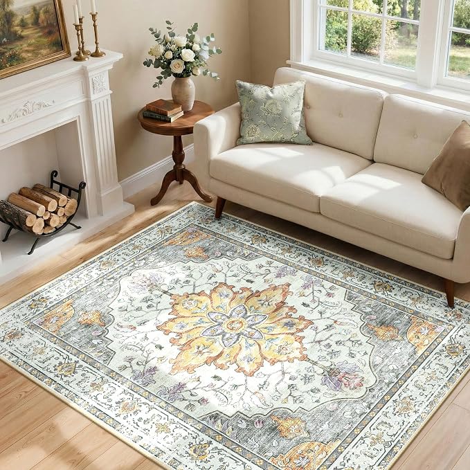 RELEANY Washable Area Rug, Water Repellent, Pet Friendly, Vintage Floral Boho by RELEANY