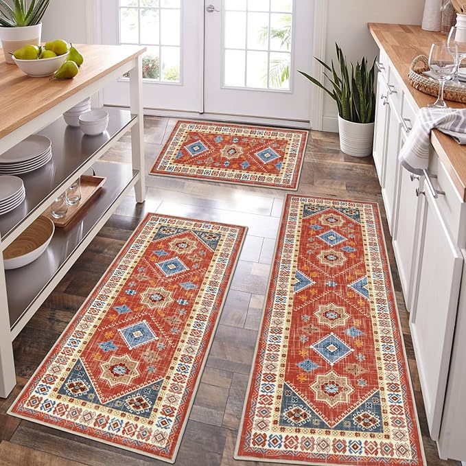 HEBE Boho Kitchen Rugs Set of 3, Non Slip Washable Kitchen Mats by HEBE