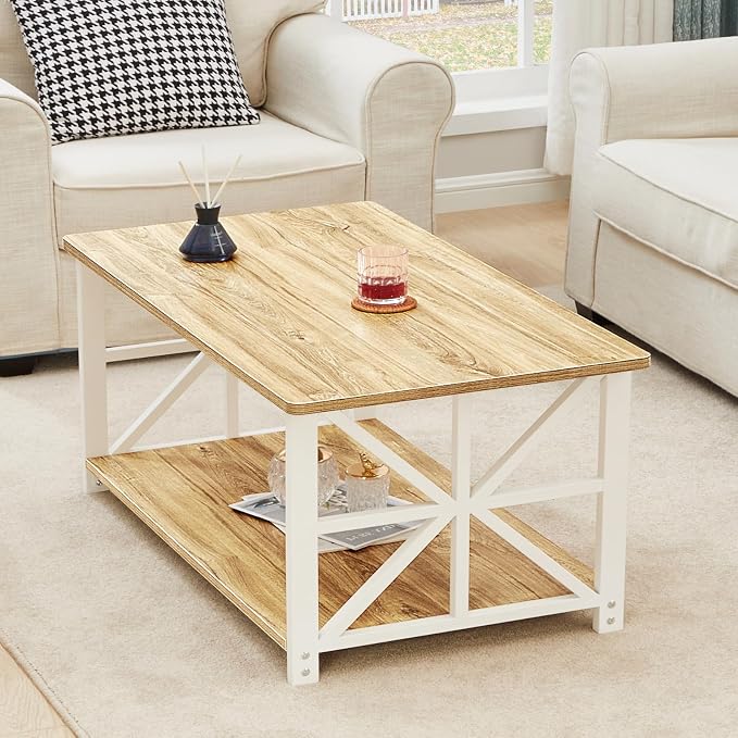 GreenForest Coffee Table with Round Corner, Farmhouse Center Table with 2-Tier - Image 7
