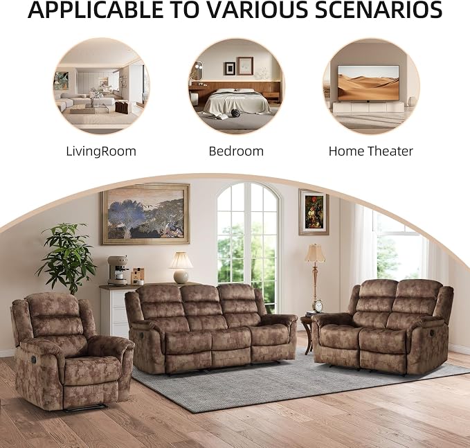 EBELLO 3 Pieces Reclining Living Room Set, Overstuffed Soft Fabric Manual - Image 5