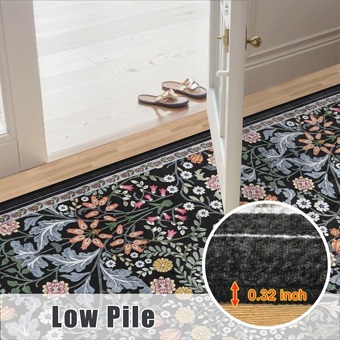 PLHXFR 2x3 Small Entryway Rug: Floral Washable Indoor Carpet Dark Black | - Image 8