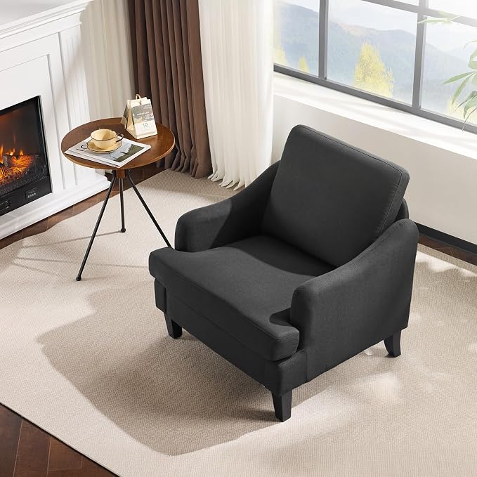 VINGLI Linen Fabric Accent Chair Black, Modern Upholstered Armchair, Comfy Sofa - Image 9