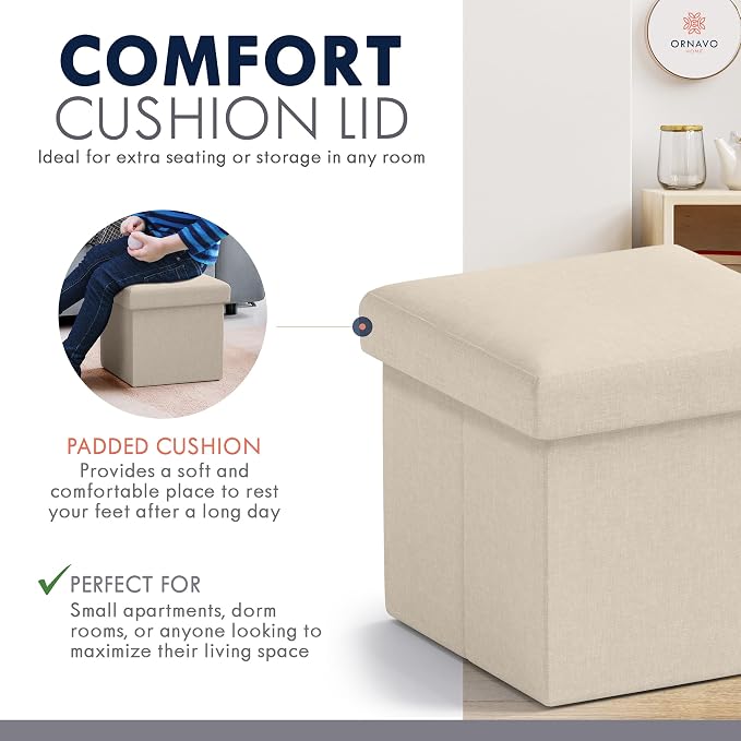 Ornavo Home Small Storage Ottoman Foldable Collapsible Cube Square Linen - Image 4