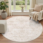 Round Area Rug for Living Room: 6ft Boho Washable Rug Beige Brown | Vintage - Image 2