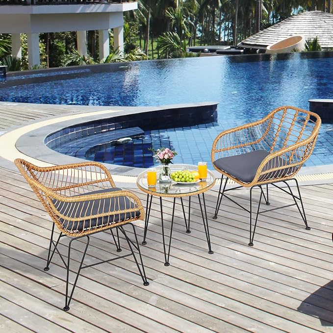 Tangkula 3 Pieces Patio Bistro Set, Rattan Conversation Set - Image 3