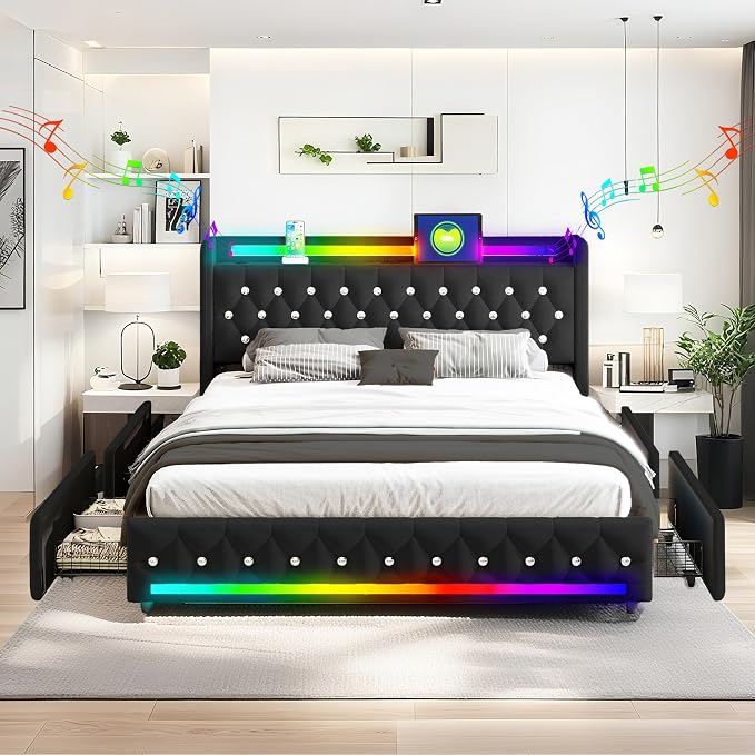 Music Player Bed with Bluetooth Speakers, Queen Size Smart Bed, USB&Type C by BIOEVER