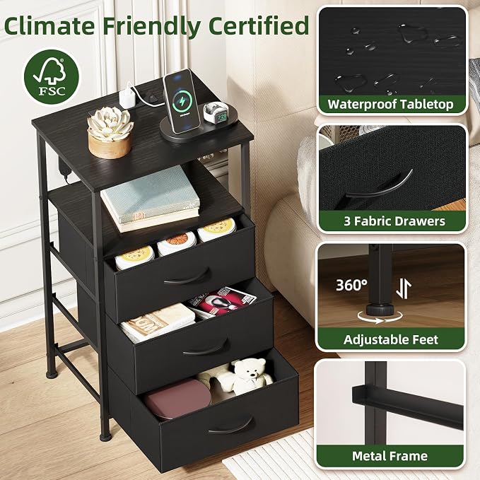Somdot Black Nightstand with Charging Station and LED Light - Image 6