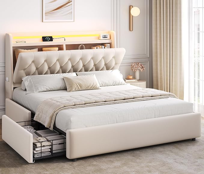 Full LED Velvet Bed Frame with 2 Storage Drawers&Hidden Headboard, Upholstered by JOCOEVOL