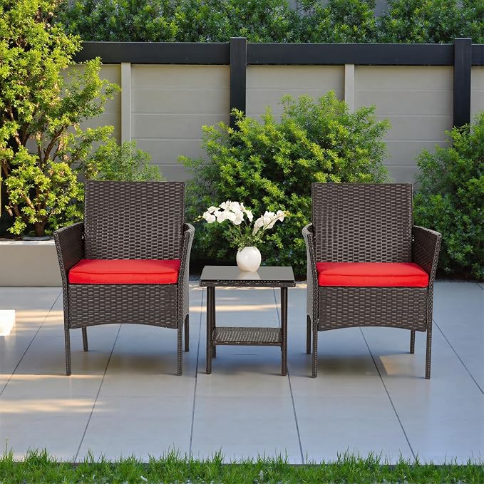 FDW | 3-Piece Patio Furniture Set | Brown & Red | Outdoor Wicker Furniture - Image 6