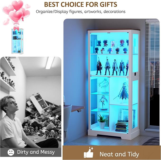 71” Display Cabinet with Glass Doors, Modern Curio Cabinet with 3 Color Lights - Image 6