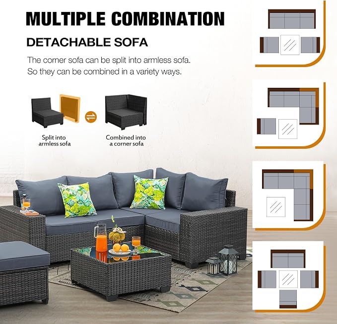 JOYURE 6 Pieces Patio Furniture Set All-Weather Outdoor Wicker Sectional - Image 6