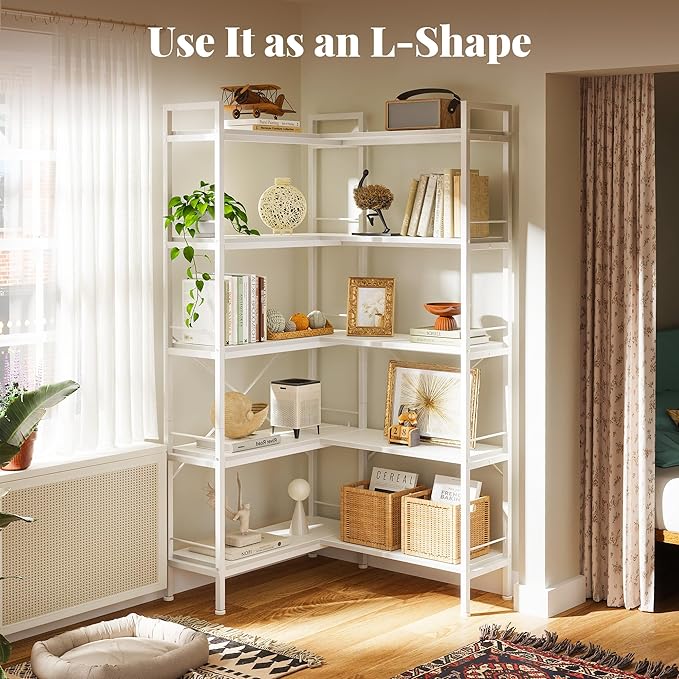 Huuger 5 Tier Bookshelf, L Shaped Corner Bookshelf - Image 6