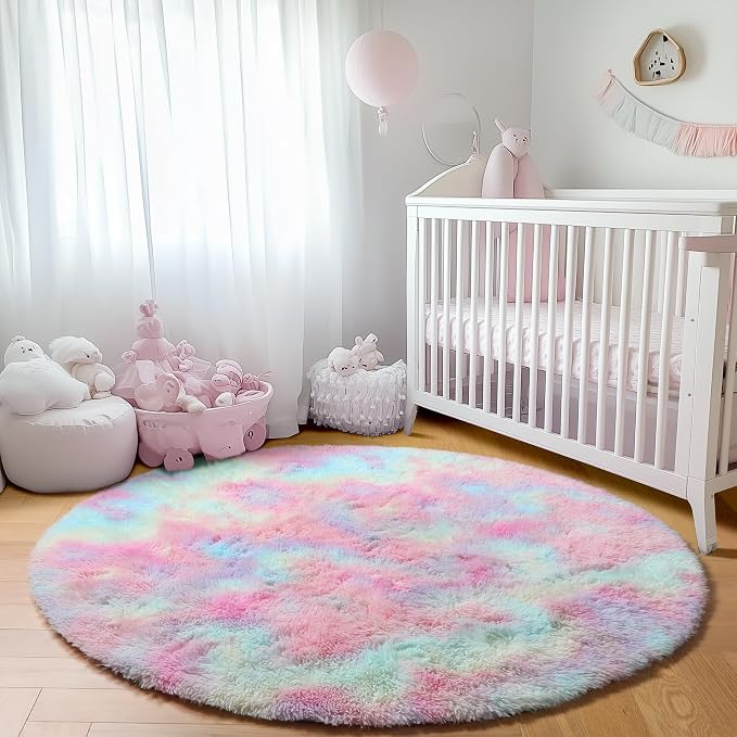 Rainbow Round Area Rug 4ft, Soft Bedroom Circle Rugs Mats - Image 7
