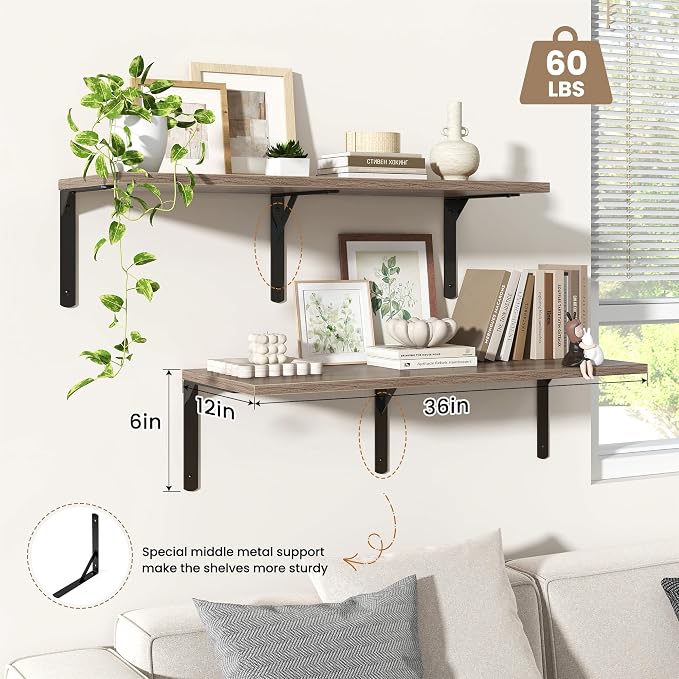 Fun Memories Floating Shelves for Wall, 12 Inch Deep Floating Shelves Set of 2 - Image 4