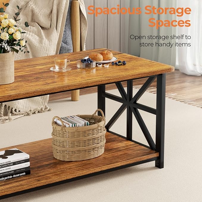 GreenForest Coffee Table with Round Corner, Farmhouse Center Table with 2-Tier - Image 6