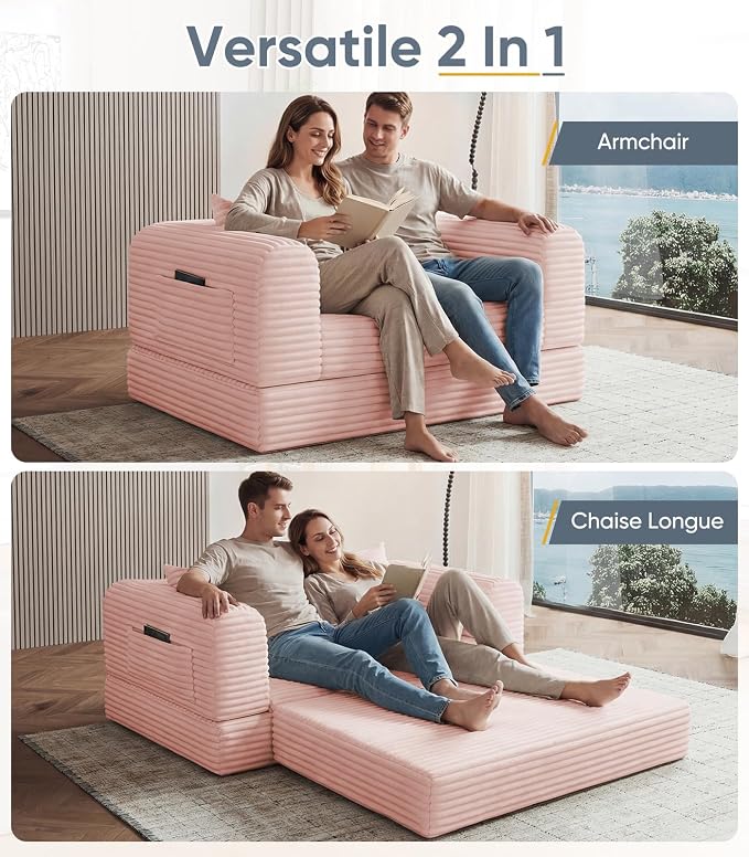 Versatile 2 in1 Loveseat Pink Accent Chair Couch Convertible Boneless Chaise - Image 4