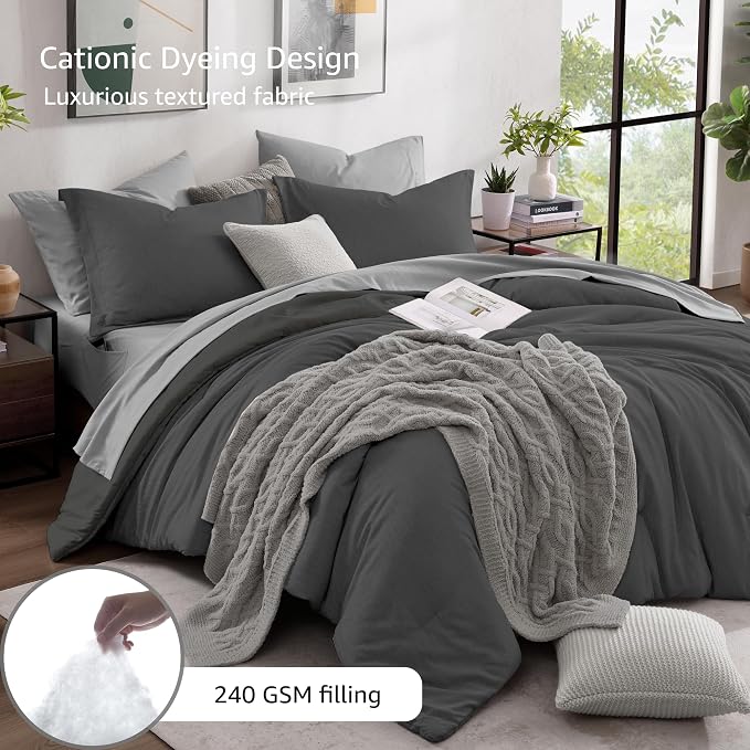 Monbix Full Size Comforter Set, Dark Grey Bedding Comforter - Image 3