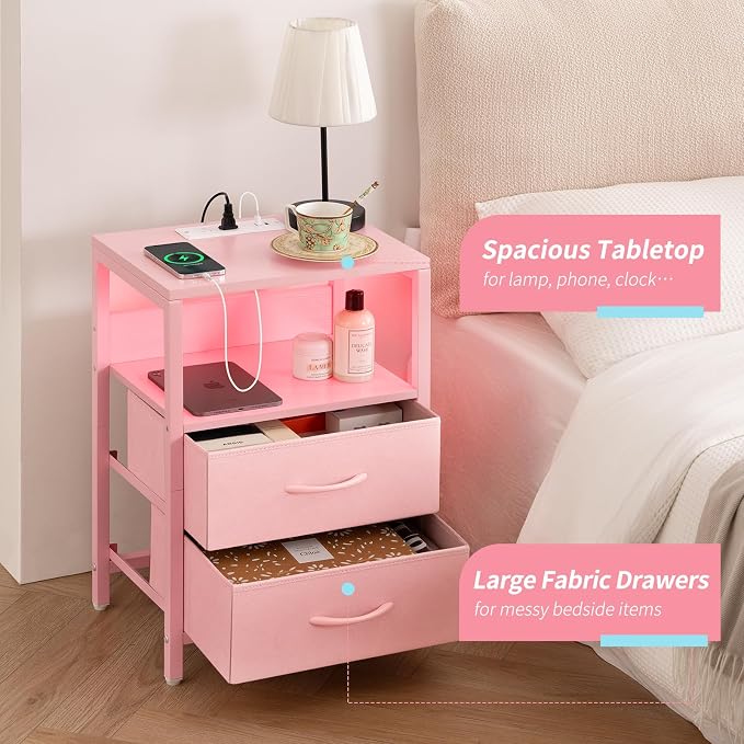 Yoobure Nightstand with Charging Station, LED Night Stand with Fabric Drawers - Image 7