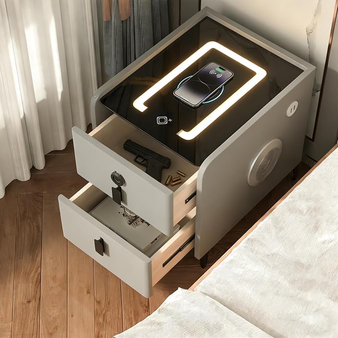 Smart Nightstand with Fingerprint Lock Drawer, Nightstand with Wireless Charging by QHRAY