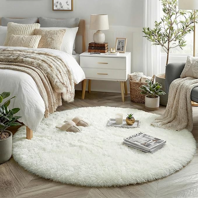 Amdrebio Cream Ivory White Small Round Fluffy Rug 3Ft by Amdrebio