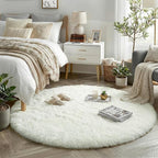 Amdrebio Cream Ivory White Round Fuzzy Rug 4Ft by Amdrebio