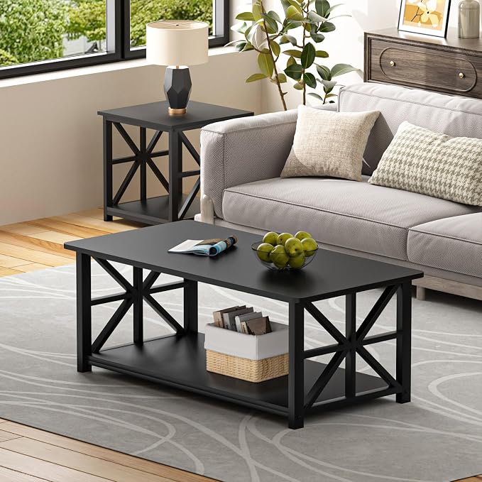 GreenForest Coffee Table with Round Corner, Farmhouse Center Table with 2-Tier - Image 2